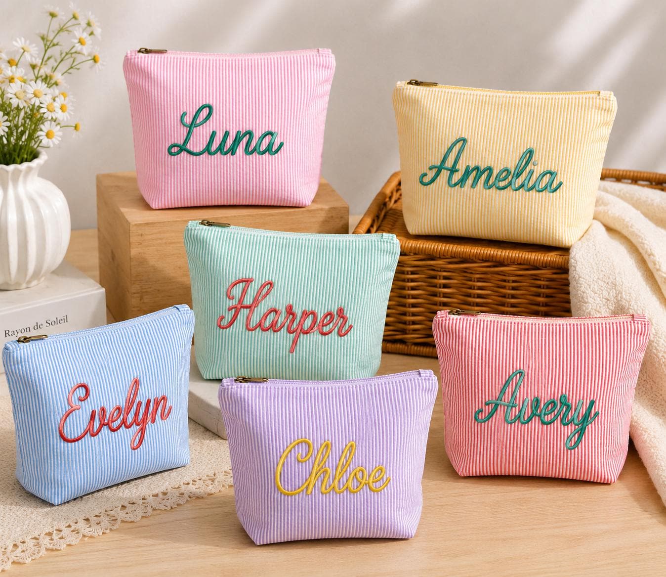 Personalized Seersucker Makeup Bag Custom Name Cosmetic Pouch Bridesmaid Gift Bachelorette Summer Beach Vacation Travel Toiletry Bag