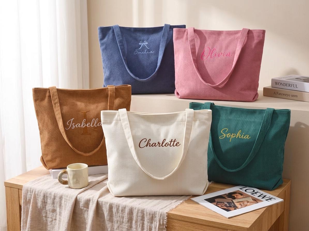 Personalized Corduroy Tote Bag Custom Name Bridesmaid Gift Bag Monogram Shoulder Bag Wedding Party Gift Tote with Zipper Pocket