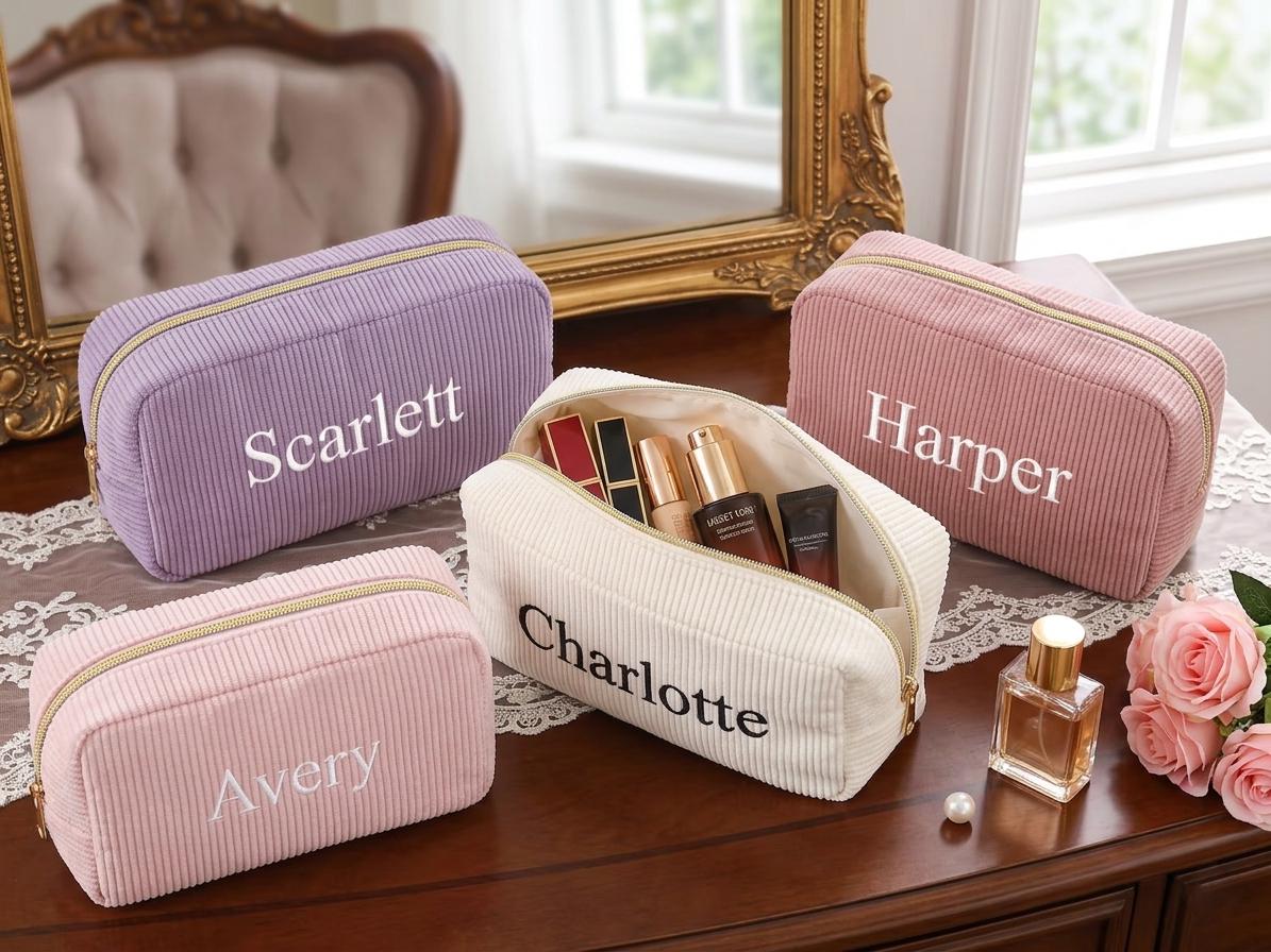 Personalized Embroidered Cosmetic Bag | Custom Corduroy Makeup Pouch | Monogram Toiletry Organizer | Bridesmaid Proposal Gift for Her