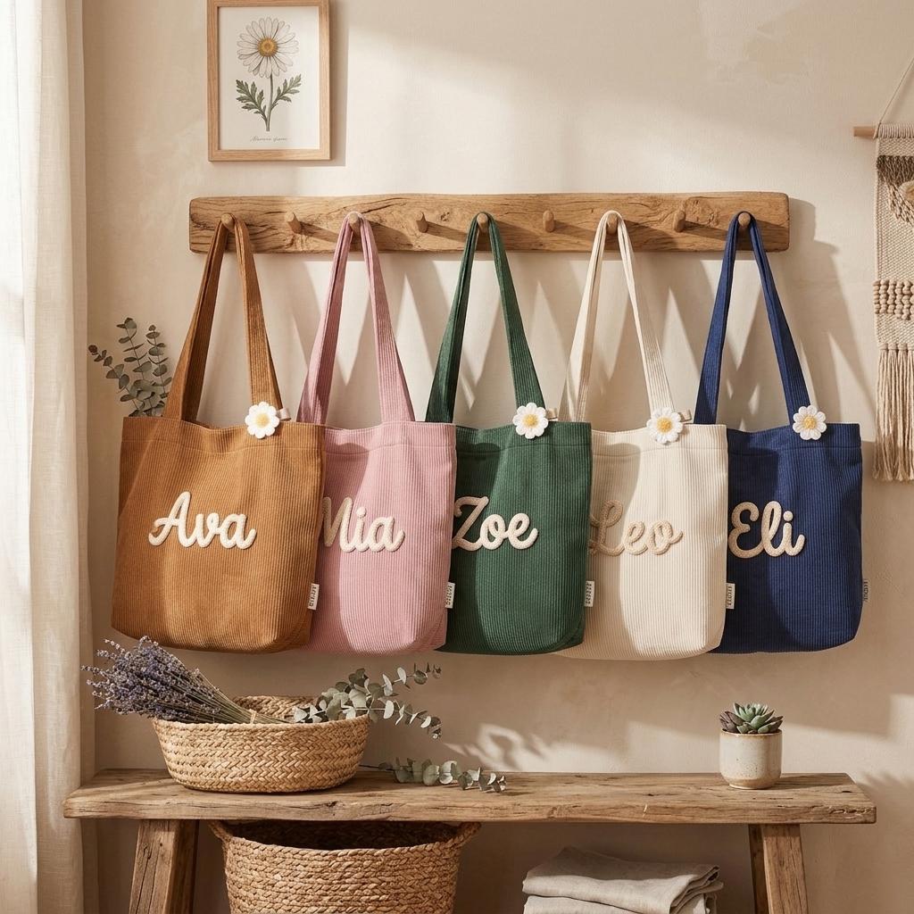 Custom Embroidered Corduroy Tote Bag, Personalized Name Work Purse with Zipper, Chenille Style Bridesmaid Gift, Vintage Aesthetic Bag