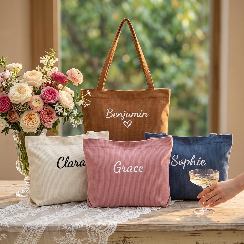 Personalized Corduroy Bridesmaid Tote Bag, Custom Embroidered Name and Monogram, Wedding Party Gift, Bachelorette Gift for Her