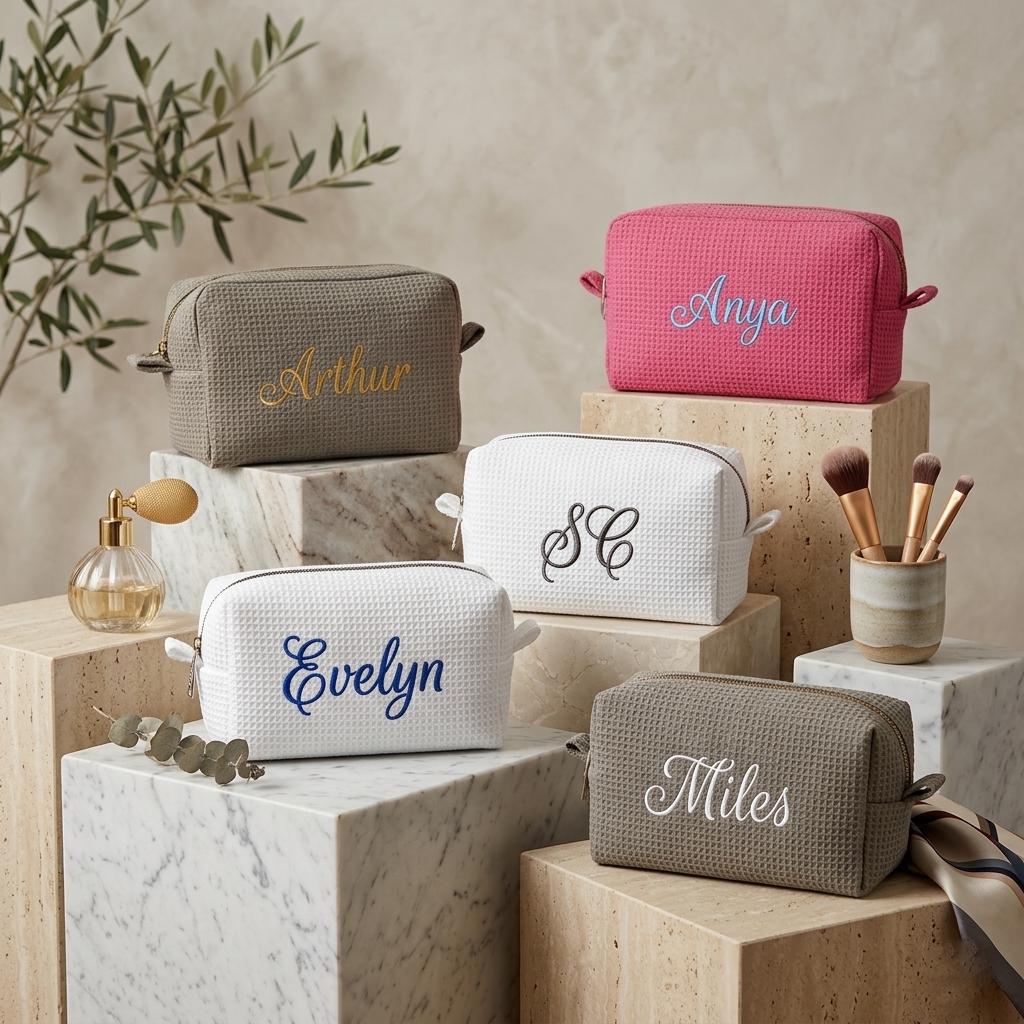 Personalized Waffle Cosmetic Bag, Embroidered Monogram Makeup Bag, Bridesmaid Gift, Custom Name Toiletry Pouch, Gift for Her