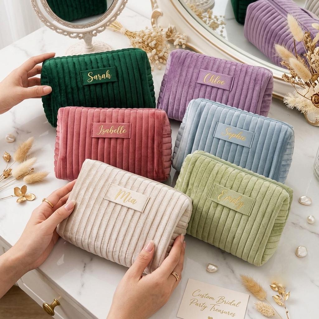 Velvet Makeup Bag Personalized, Gold Foil Name Bridesmaid Gift, Elegant Travel Toiletry Bag, Birthday Wedding Gift for Her