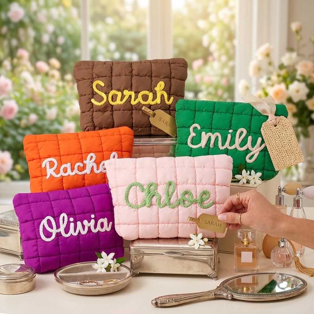 Personalized Makeup Bag Custom Name | Quilted Zipper Pouch | Bridesmaid Gift | Travel Organizer | Gift for Her | Wedding Gift