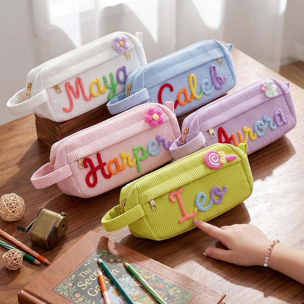 Personalized Corduroy Pencil Case Custom Name | Girls Boys Kids Pencil Bag | Back to School Gift | Monogram Pencil Pouch for Kids