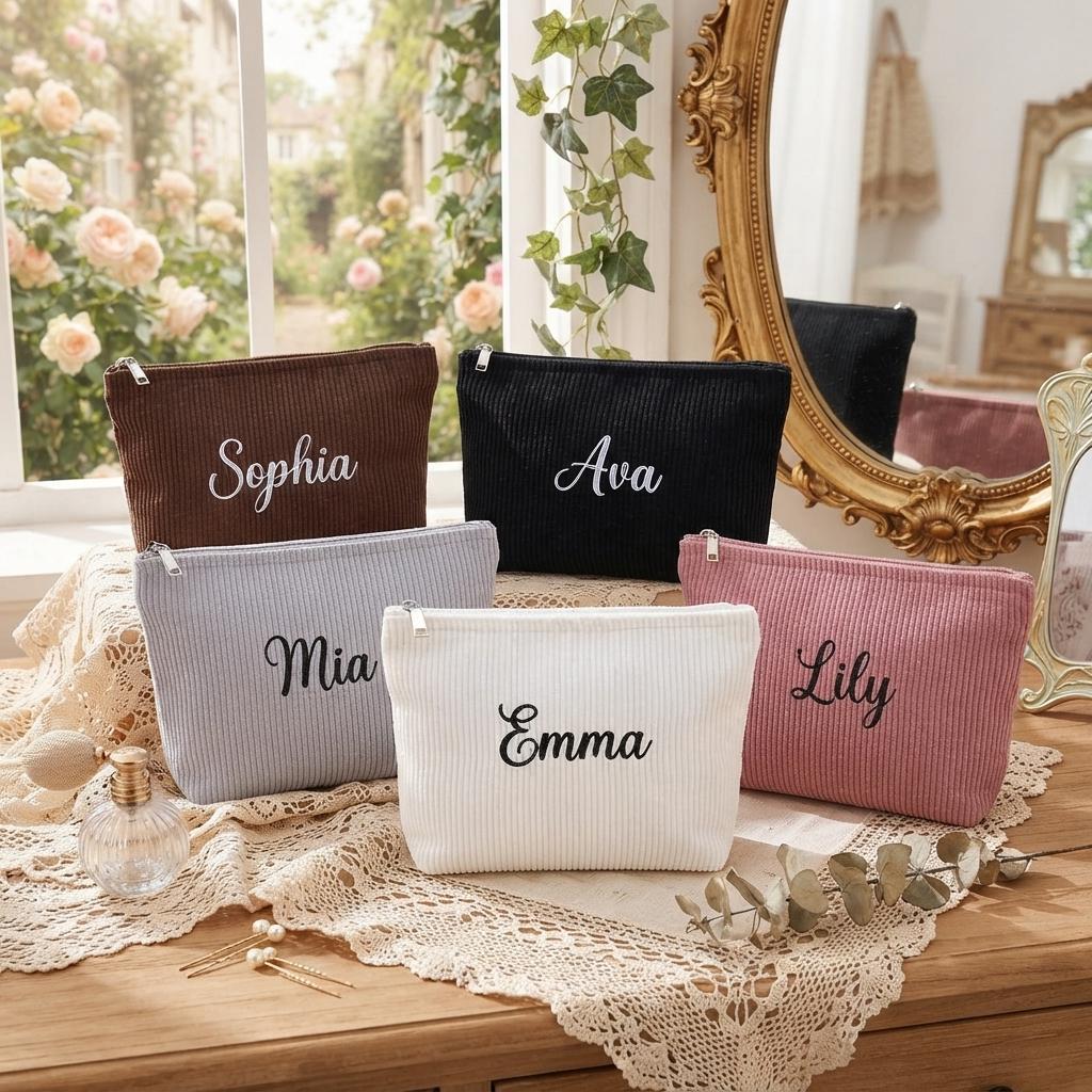 Personalized Corduroy Makeup Bag, Custom Embroidered Name Cosmetic Pouch, Bridesmaid Gift Wedding Favor, Monogram Travel Toiletry Bag