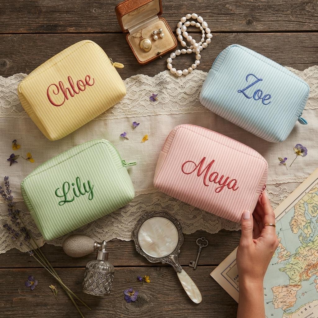 Personalized Seersucker Tote Bag, Custom Embroidered Name Bridesmaid Gift, Monogram Beach Bag, Bridal Party Wedding Welcome Bag Gift
