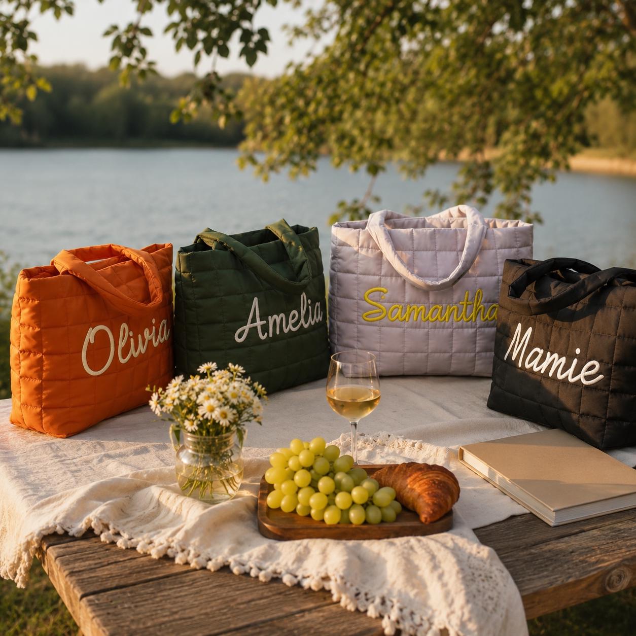 Personalized Quilted Nylon Tote Bag, Custom Name Embroidered, Bridesmaid Gift Bachelorette Favor, Beach Travel Tote for Wedding Party