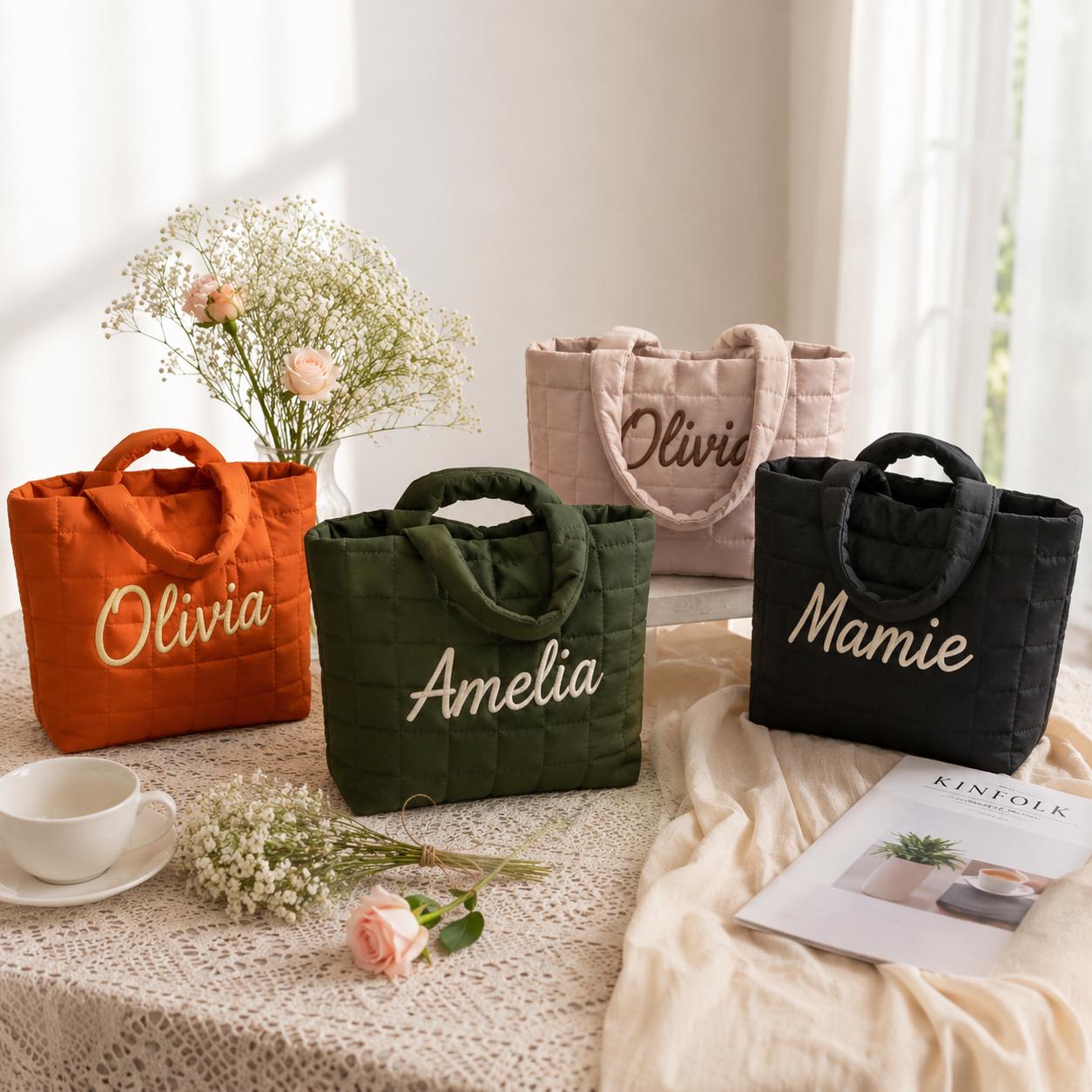 Custom Name Quilted Nylon Tote, Personalized Embroidered Bridesmaid Bag, Bachelorette Gift, Beach Vacation Bridal Party Tote Favor