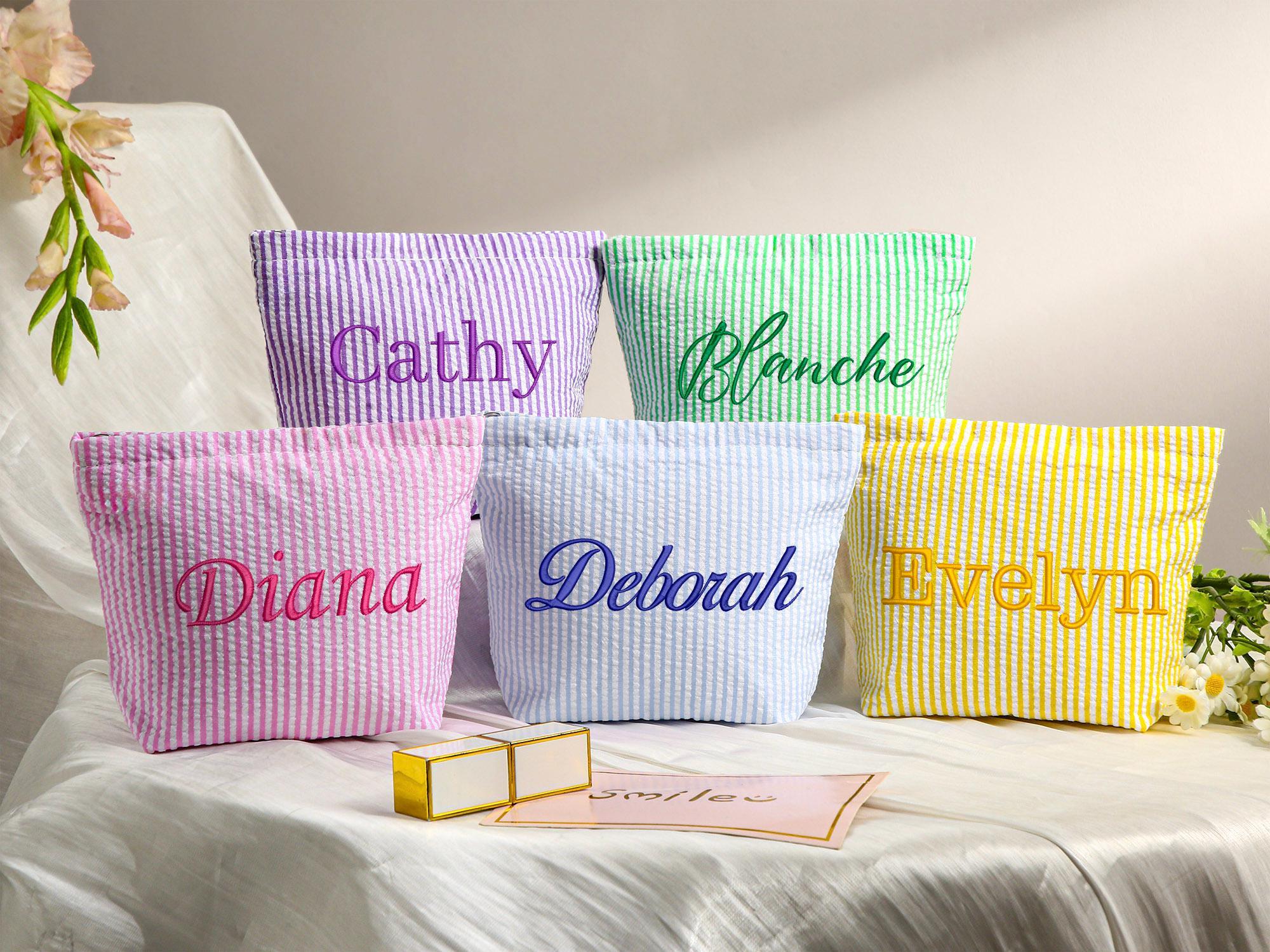 Personalized Bridesmaid Makeup Bag, Embroidered Seersucker Cosmetic Bag, Custom Name Toiletry Bag, Bachelorette Bridal Party Gift