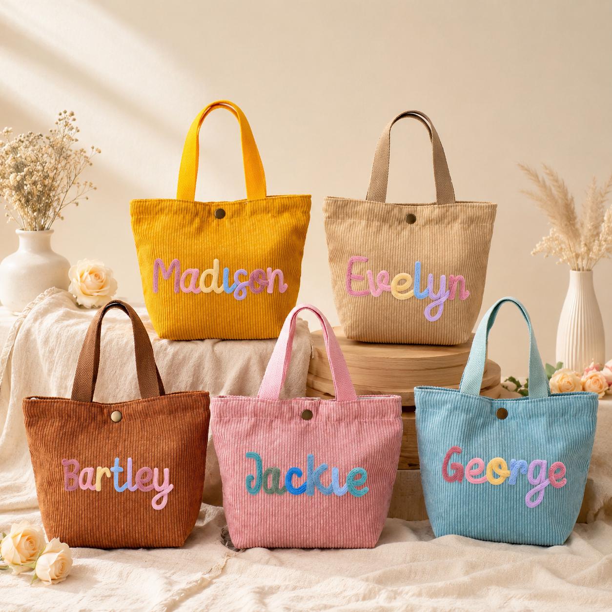 Personalized Embroidered Corduroy Tote Bag, Custom Name Bridesmaid Gift, Everyday Weekender Tote, Christmas Gift for Her
