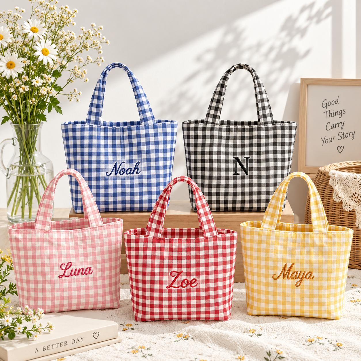 Custom Embroidered Gingham Tote Bag, Personalized Name Canvas Bag, Bridesmaid Gift, Reusable Eco-Friendly Shopping Tote