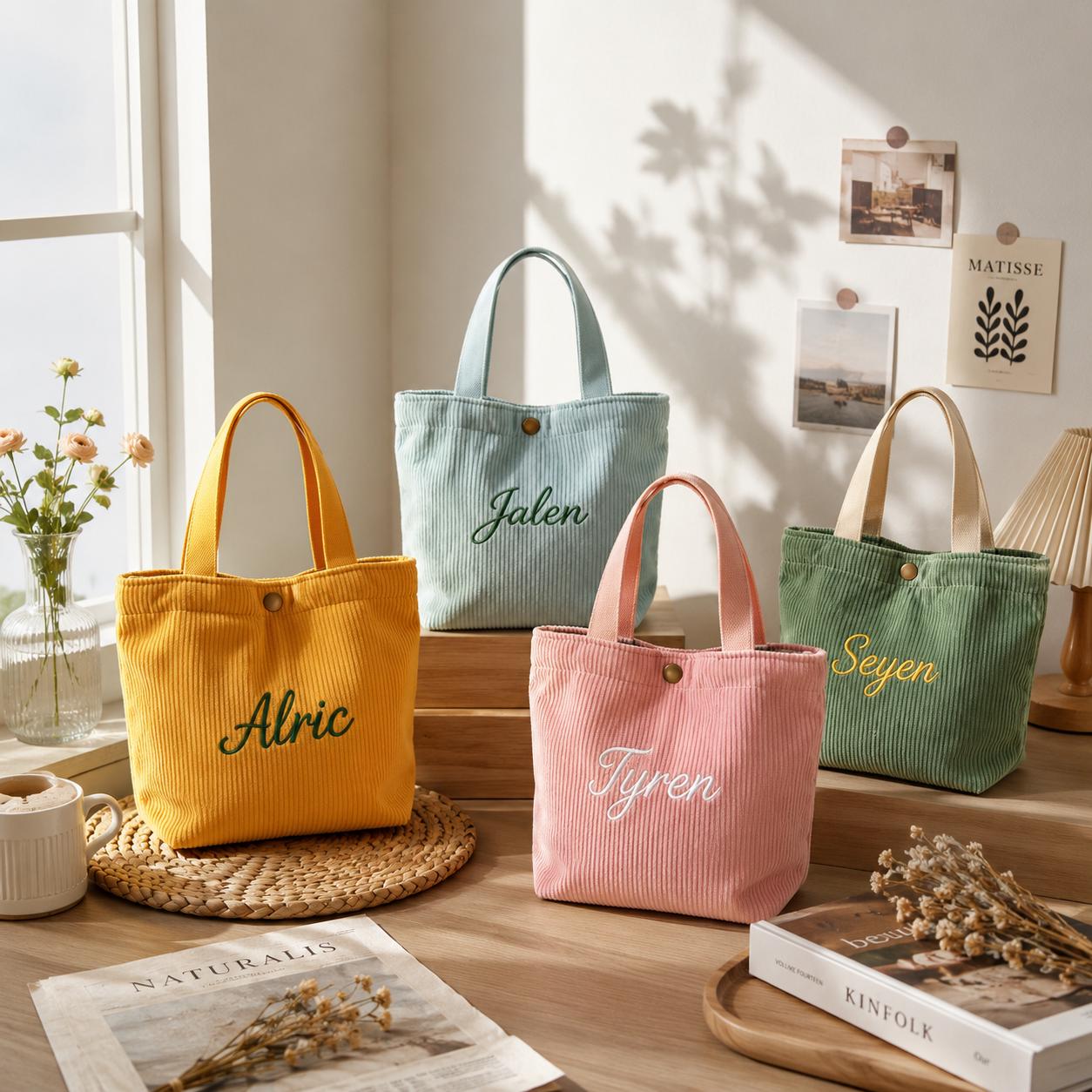Custom Name Corduroy Mini Tote Bag, Personalized Embroidered Small Hand Tote, Trendy Aesthetic Daily Bag, Lunch Bag for Women