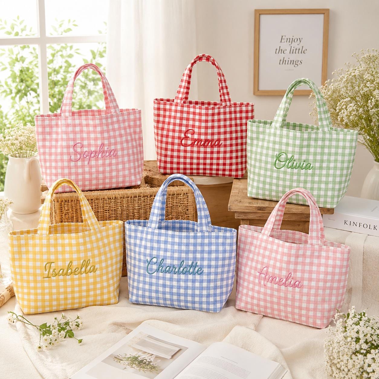 Personalized Gingham Tote Bag, Embroidered Canvas Bridesmaid Gift, Custom Name Wedding Welcome Bag, Bridal Party Favor Tote