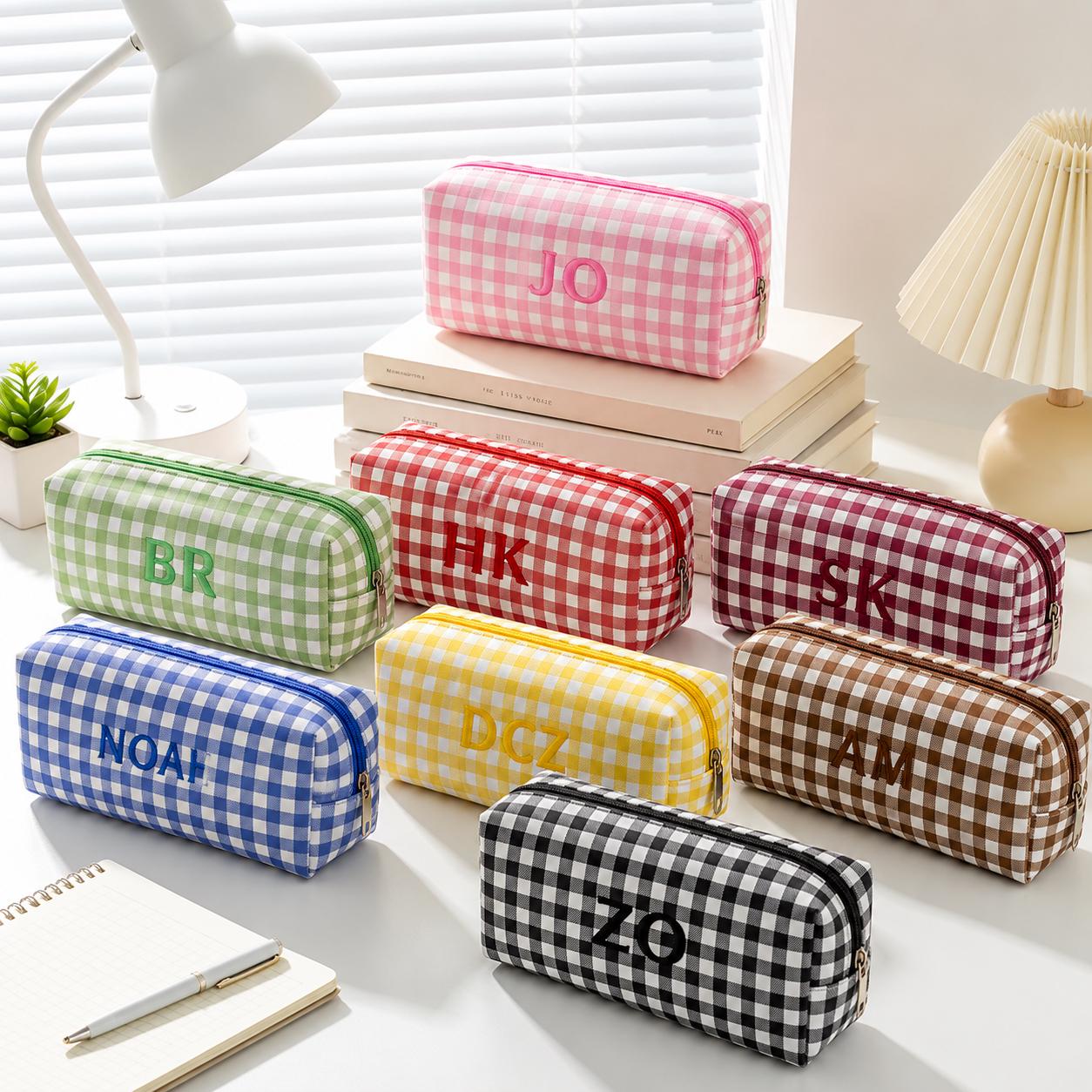 Personalized Gingham Pencil Case, Custom Embroidered Initial Pen Pouch, Checkered Cosmetic Bag, Teacher Gift, Back to School Gift