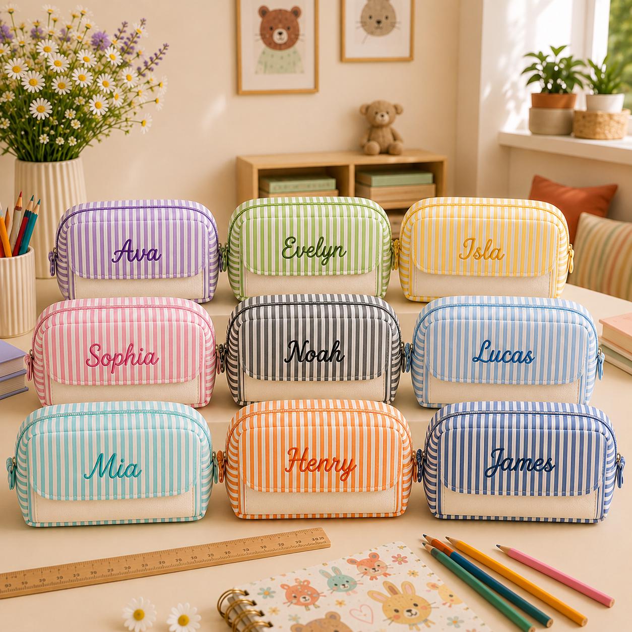 Personalized Seersucker Pencil Case, Custom Name Kids Pen Pouch, Large Capacity School Supplies Bag, Back to School Gift for Boys Girls
