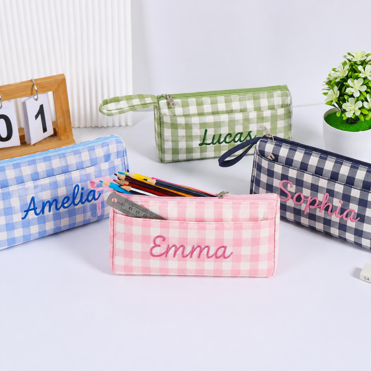 Personalized Pencil Pouch, Custom Name Gingham Pencil Case, Monogrammed Pencil Bag, Back to School Gift, Teacher Appreciation Gift
