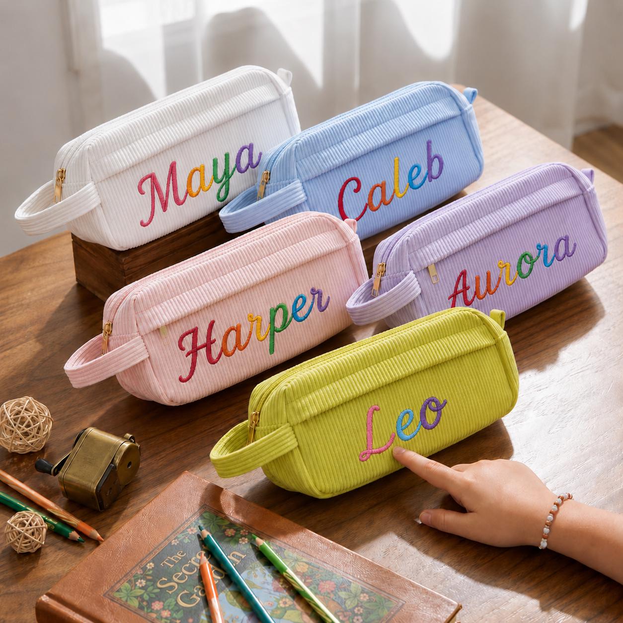 Personalized Corduroy Pencil Case for Kids with Custom Name | Satin Thread Embroidered Pencil Pouch | Birthday & Back to School Gift