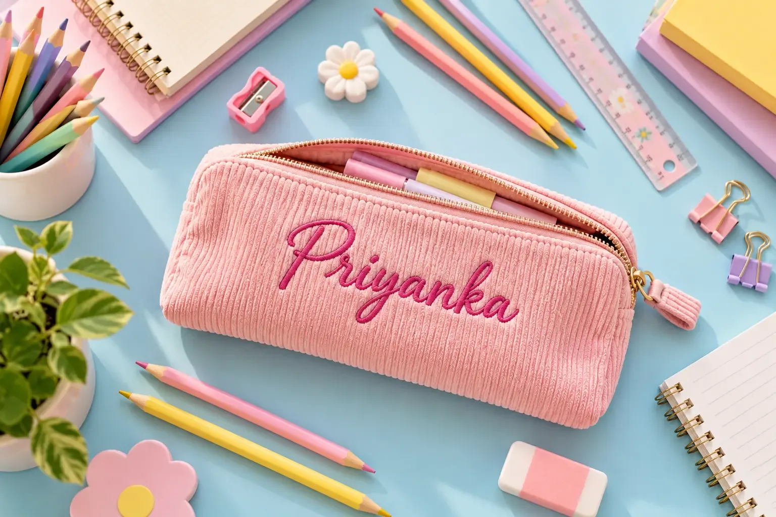 Stationery set out next to a pencil pouch