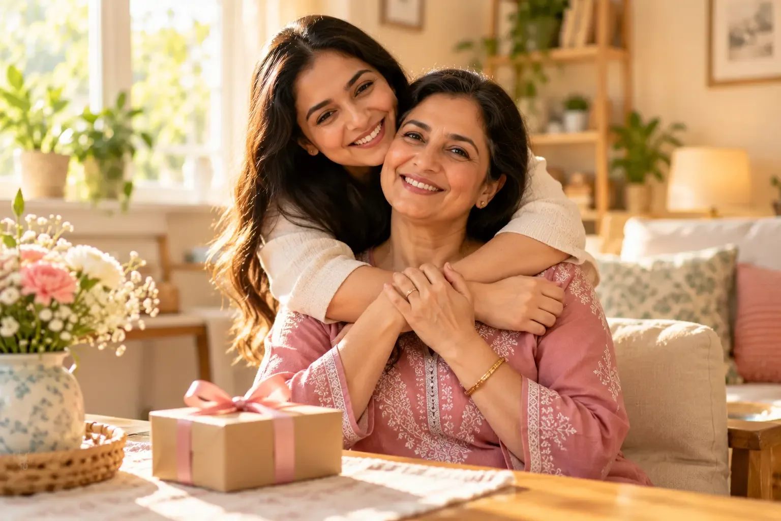 Daughter hugging her mother after giving a gift