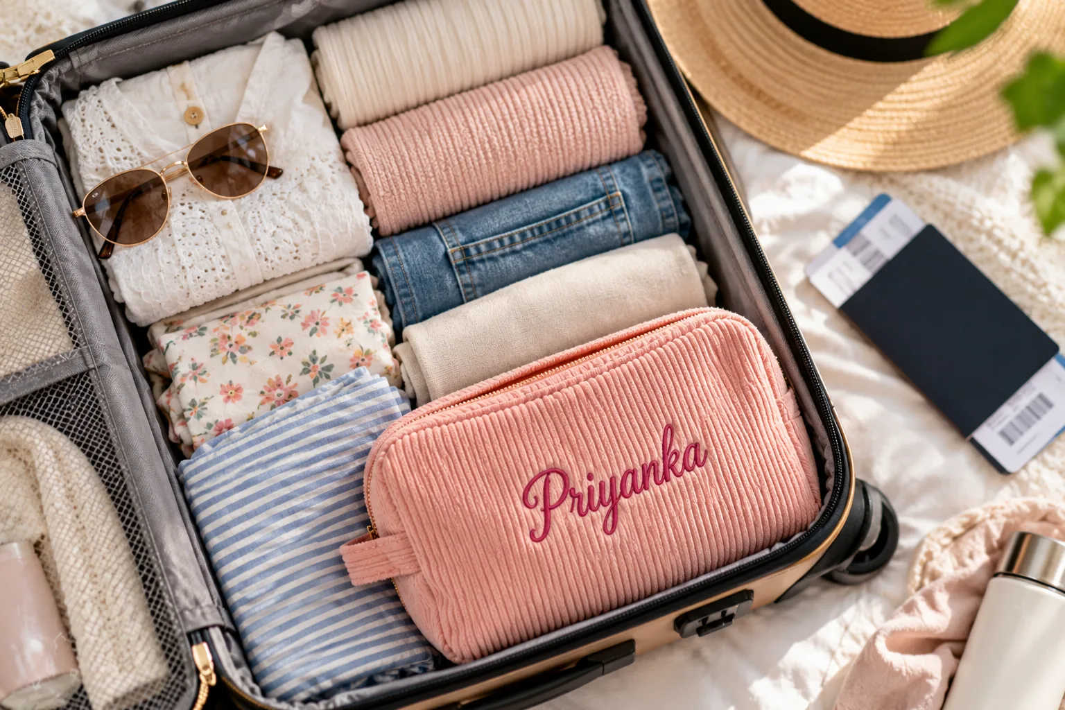 Suitcase packed with a toiletry pouch
