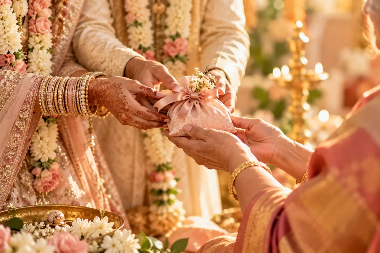 Handing out a wedding return gift to a guest