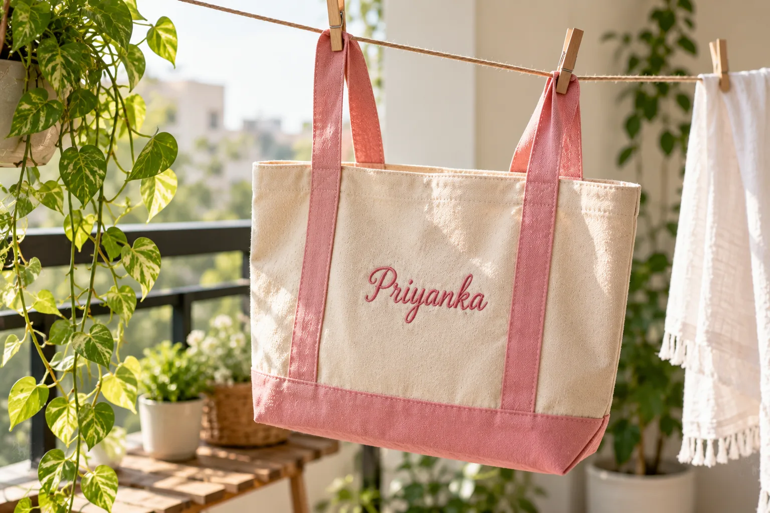 Tote bag drying in the shade on a clothesline