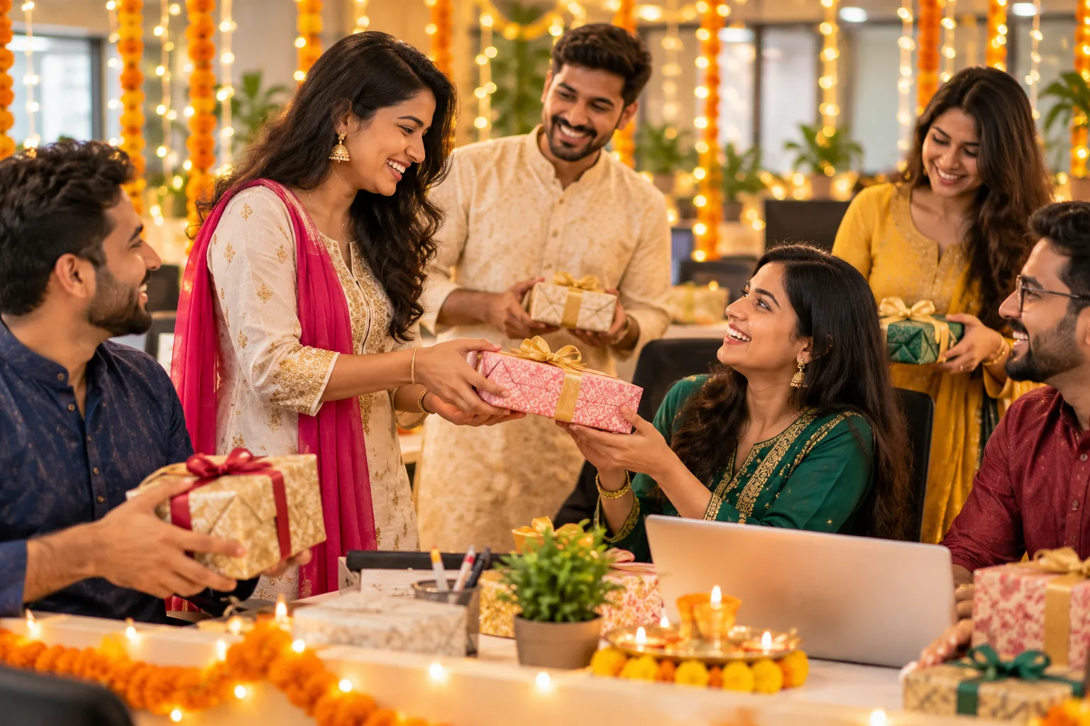 Office team exchanging Diwali gifts