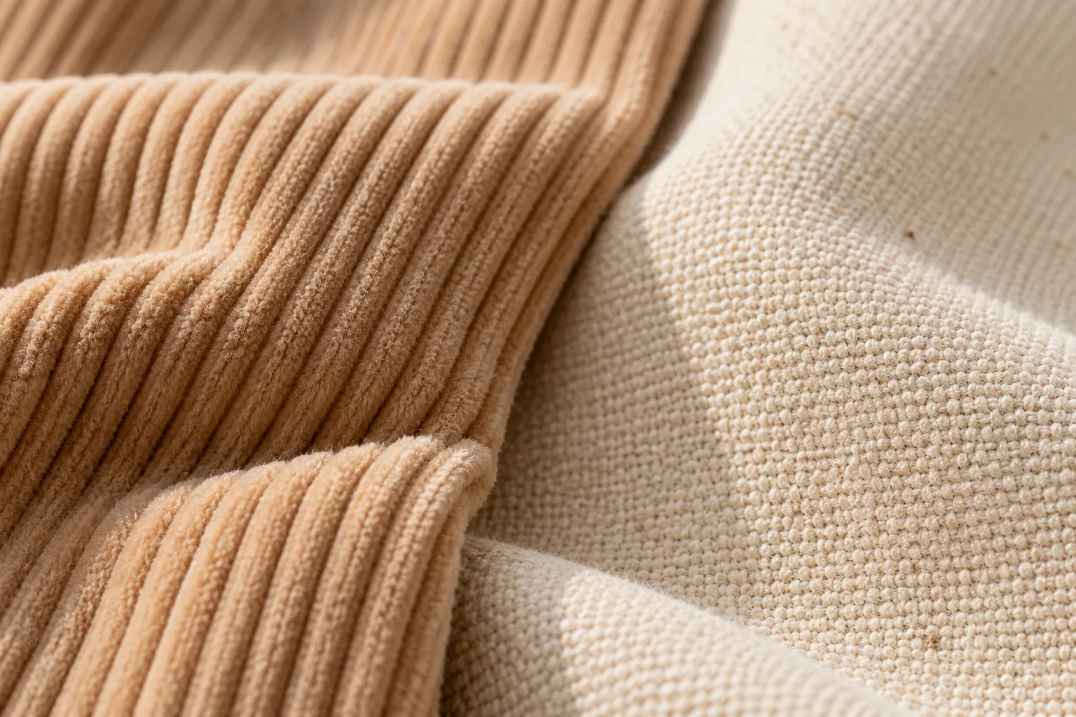 Close-up of corduroy and canvas fabric texture