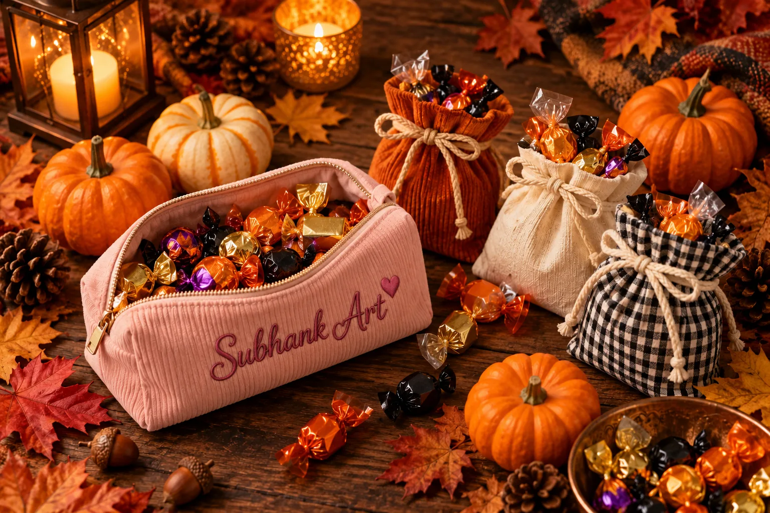 Fabric pouch and tote filled with Halloween treats