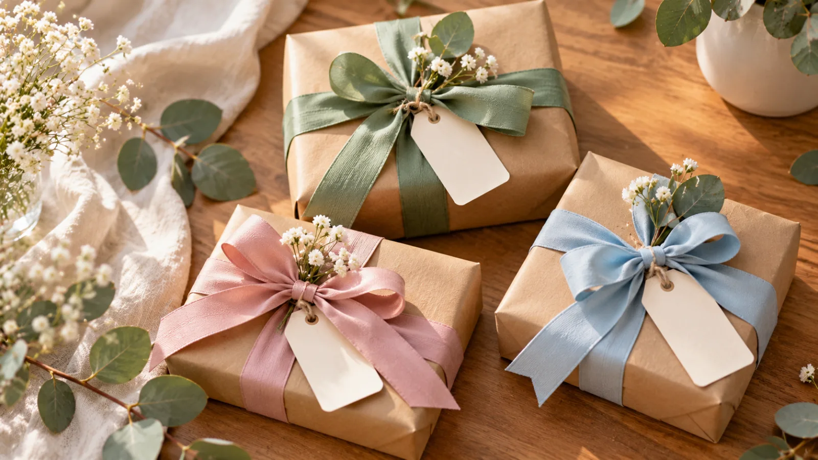 Small wrapped gifts with ribbon and a handwritten tag