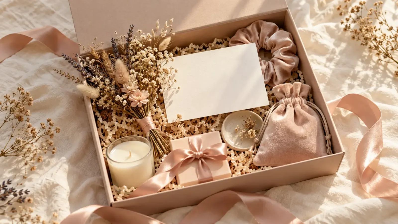 Bridesmaid proposal box with a name-embroidered makeup bag and a handwritten card