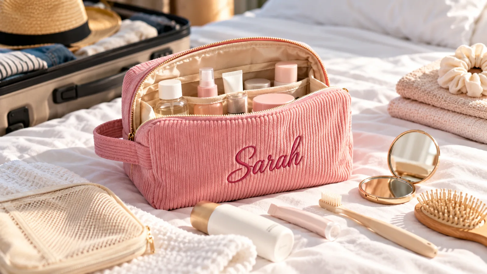 Open toiletry bag with travel-size skincare items on a bed