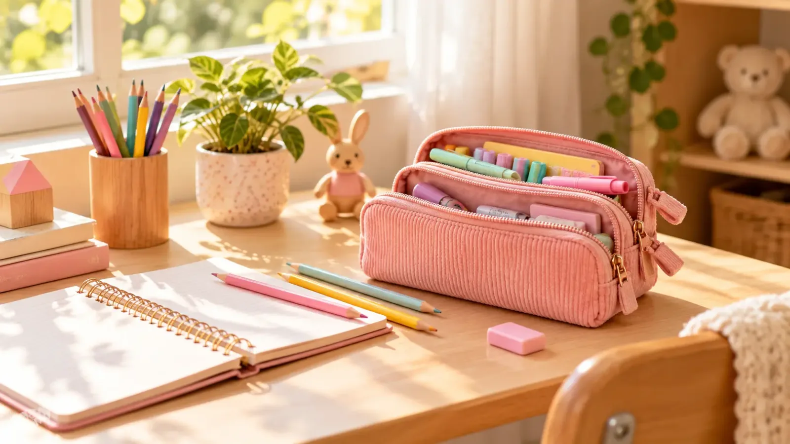 Child's school desk with an open fabric pencil case and stationery