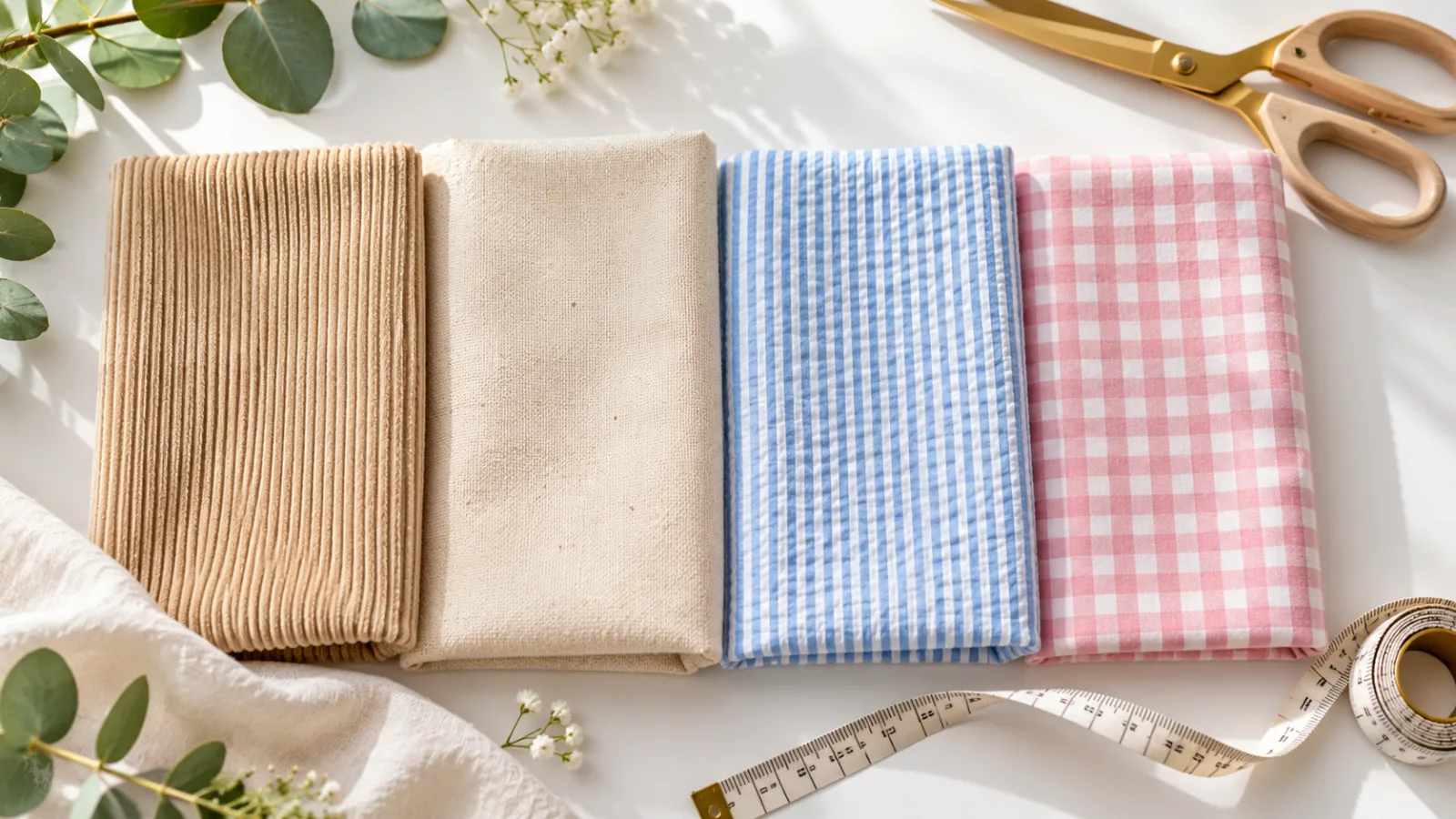 Swatches of corduroy, canvas, seersucker and gingham fabric laid side by side