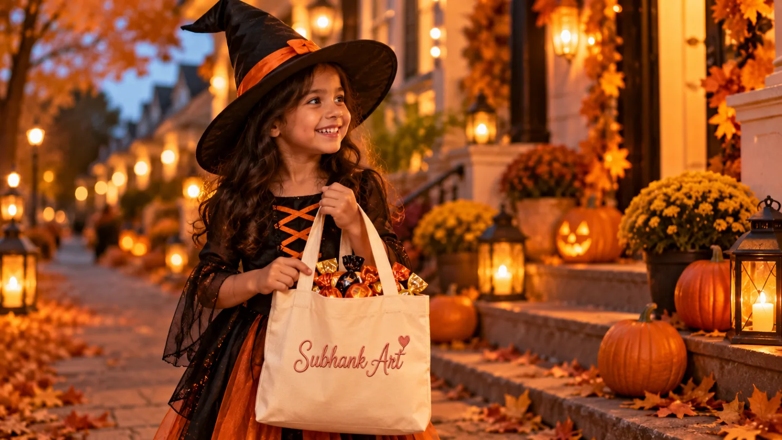 Child holding a personalised tote bag filled with treats at Halloween