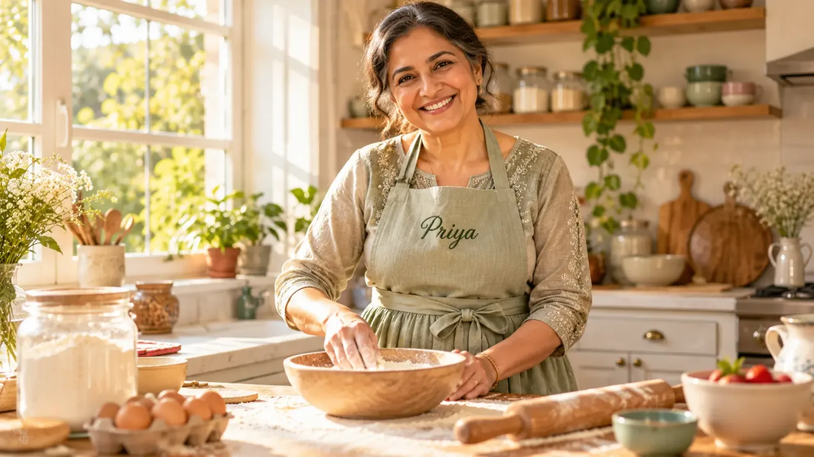 Mother wearing a personalised apron while baking in a sunlit kitchen