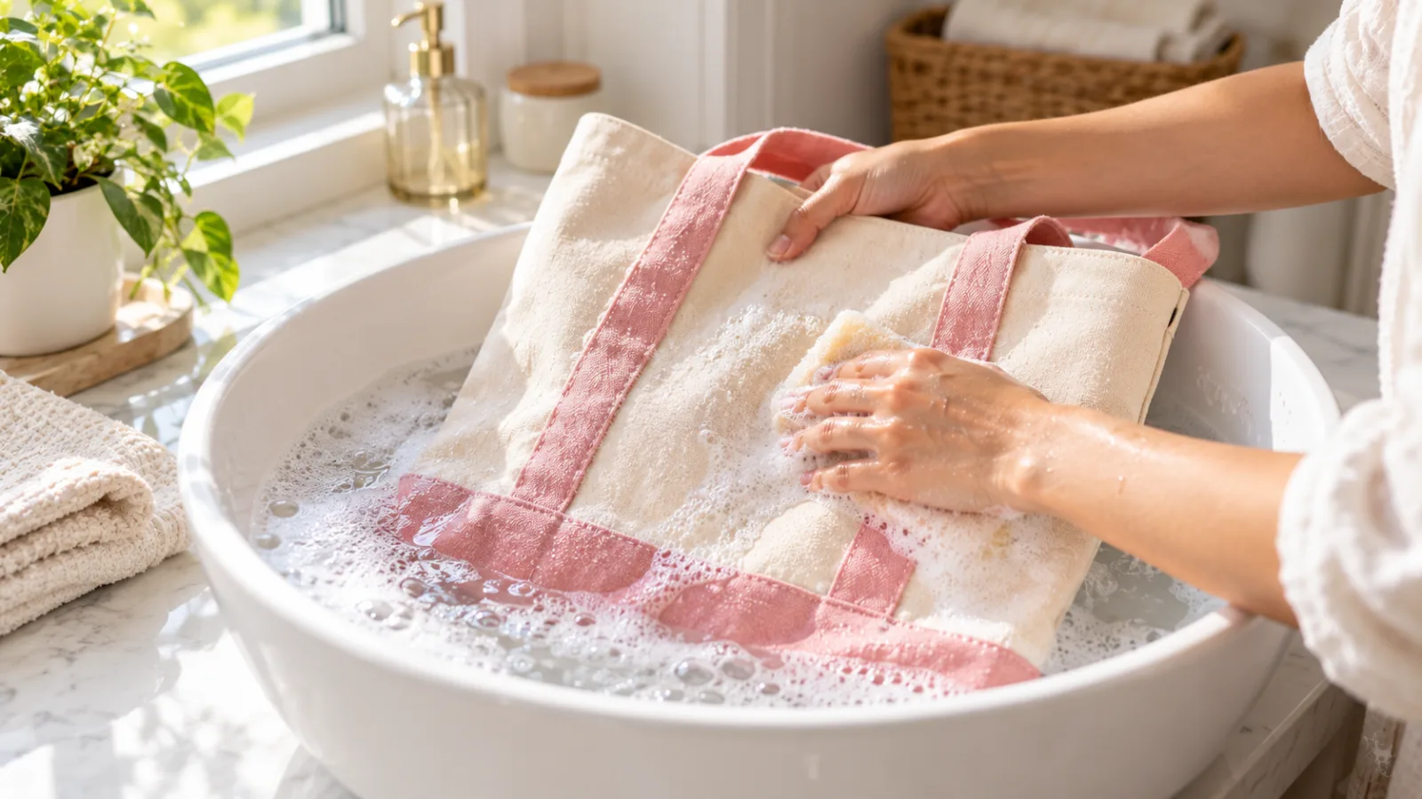 Hand washing a fabric tote bag in a basin with mild soap