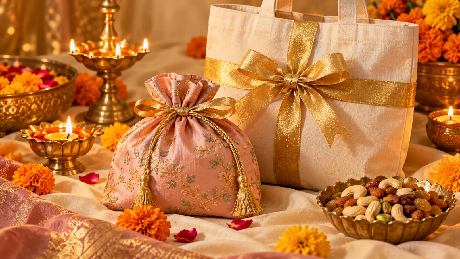 Diwali gift bags and pouches with diyas and marigold flowers