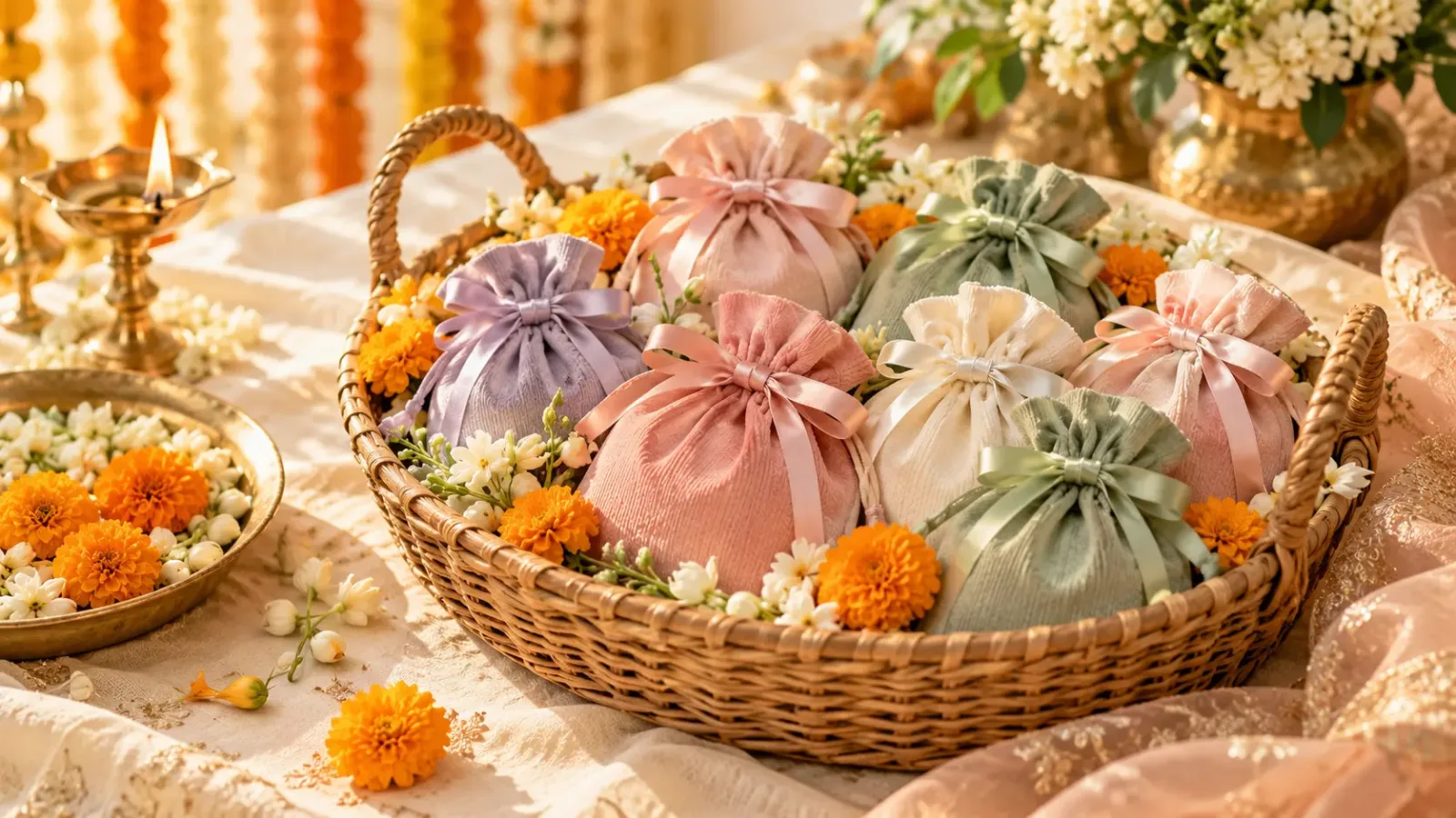 Wedding return gift pouches arranged in a basket with flowers
