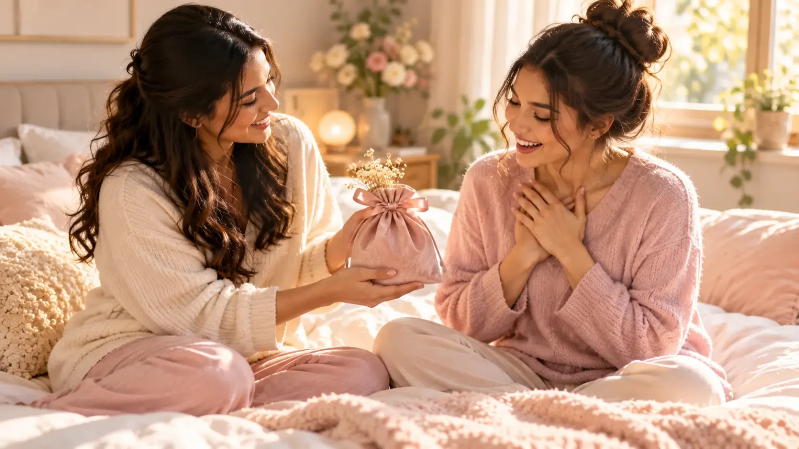 Two sisters sharing a birthday gift bag at home