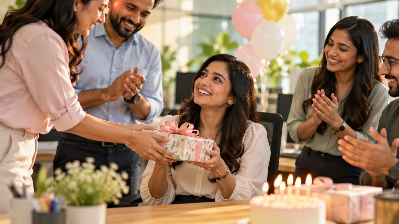 Colleagues handing a farewell gift to a coworker in an office