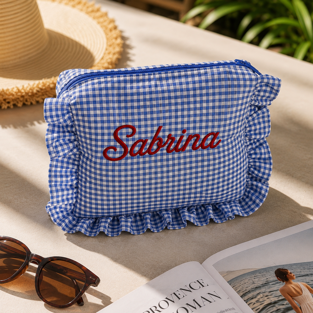 Custom Embroidered Gingham Cosmetic Bag, Personalized Makeup Pouch with Ruffle Trim, Cotton Travel Toiletry Organizer, Beauty Storage Case for Women Girls — image 9