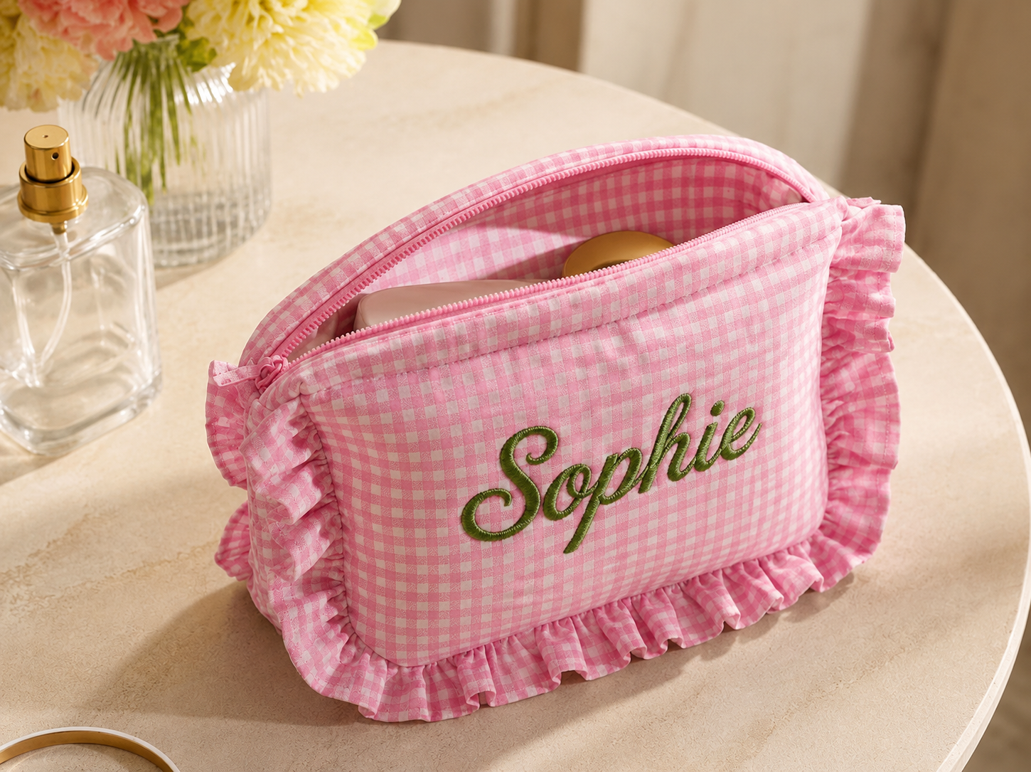Custom Embroidered Gingham Cosmetic Bag, Personalized Makeup Pouch with Ruffle Trim, Cotton Travel Toiletry Organizer, Beauty Storage Case for Women Girls — image 10