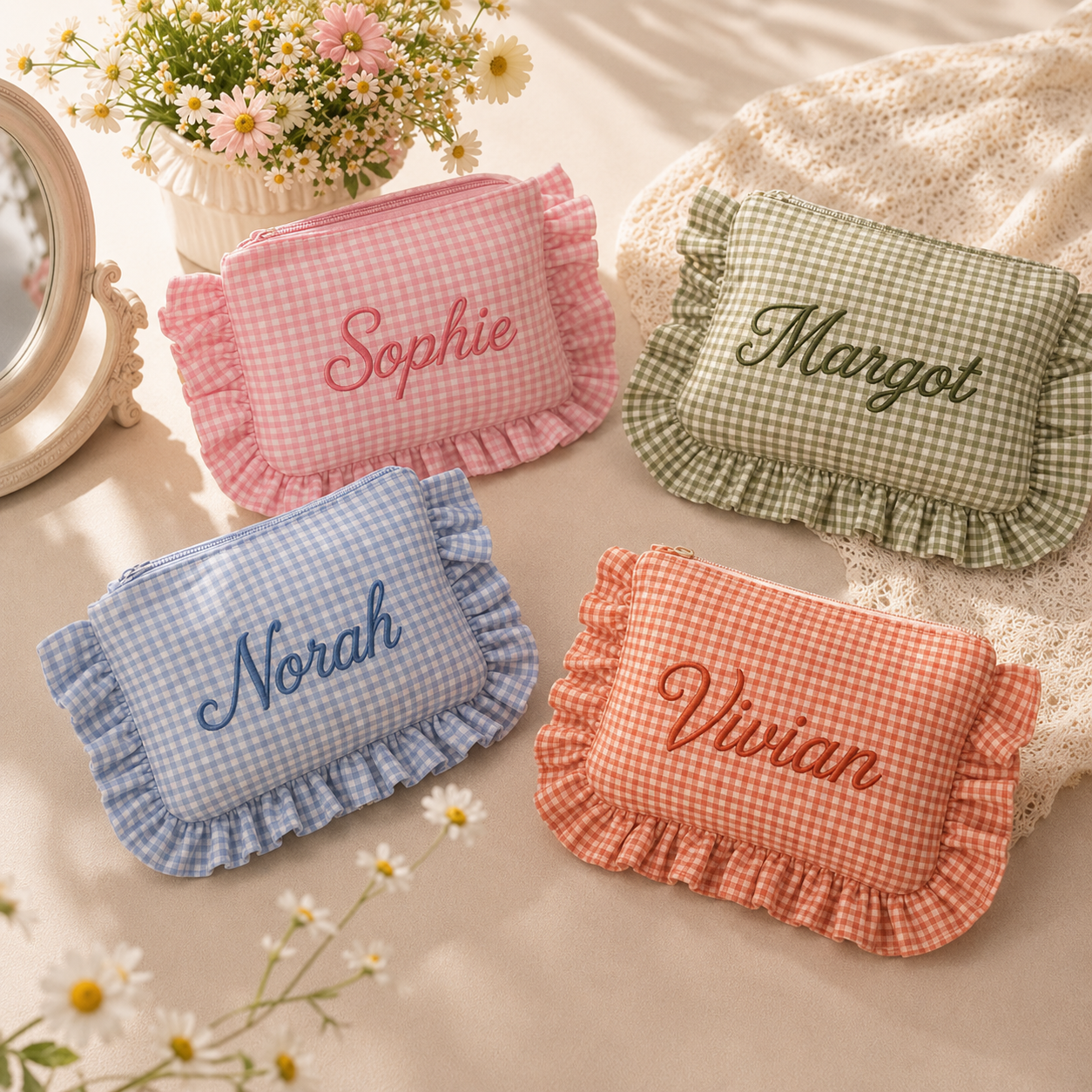 Custom Embroidered Gingham Cosmetic Bag, Personalized Makeup Pouch with Ruffle Trim, Cotton Travel Toiletry Organizer, Beauty Storage Case for Women Girls — image 7