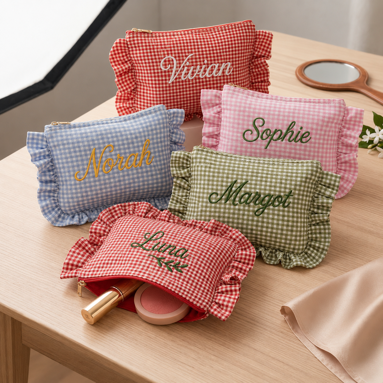 Custom Embroidered Gingham Cosmetic Bag, Personalized Makeup Pouch with Ruffle Trim, Cotton Travel Toiletry Organizer, Beauty Storage Case for Women Girls — image 2