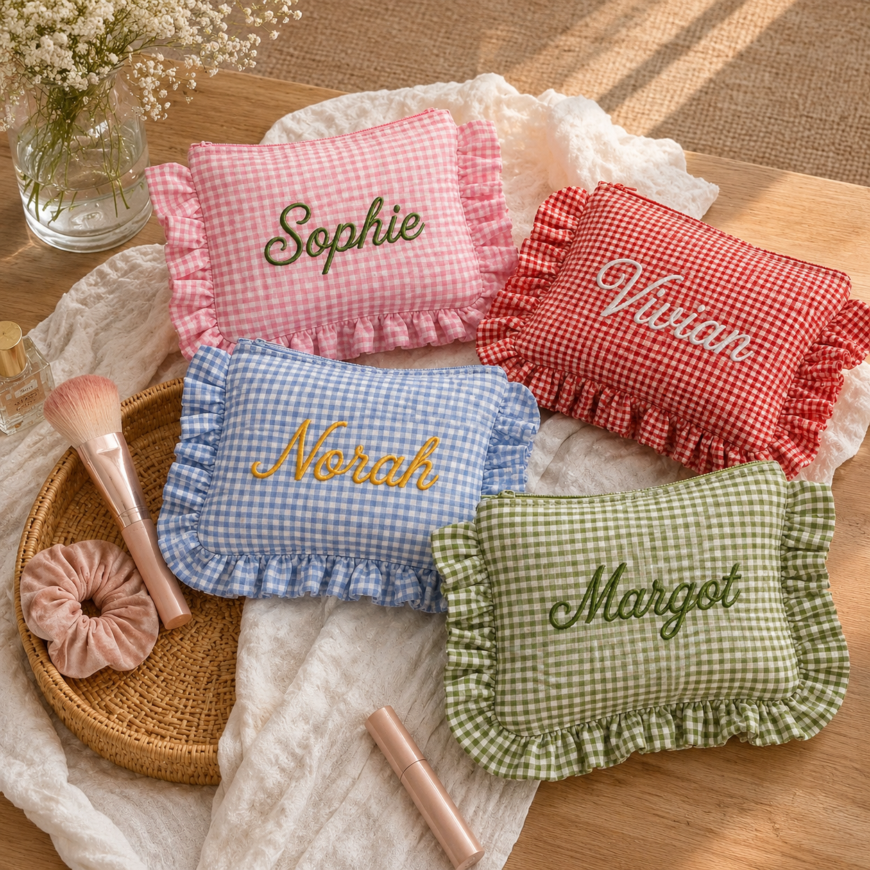 Custom Embroidered Gingham Cosmetic Bag, Personalized Makeup Pouch with Ruffle Trim, Cotton Travel Toiletry Organizer, Beauty Storage Case for Women Girls — new personalised gift
