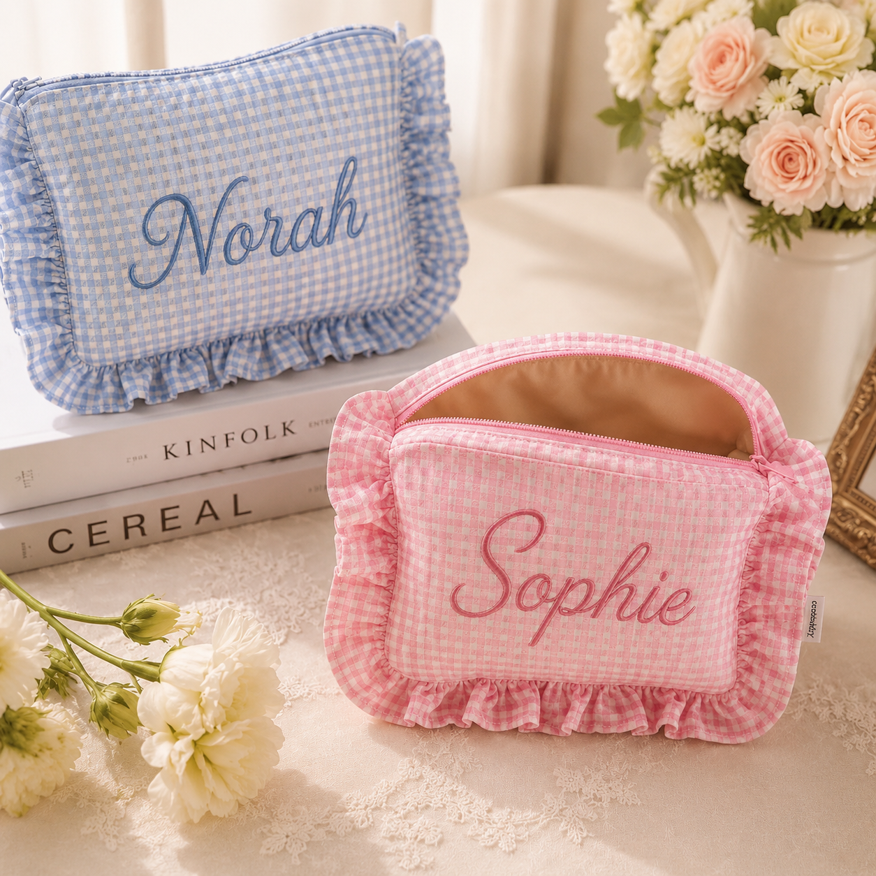 Custom Embroidered Gingham Cosmetic Bag, Personalized Makeup Pouch with Ruffle Trim, Cotton Travel Toiletry Organizer, Beauty Storage Case for Women Girls — image 4